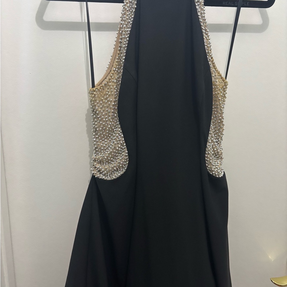 Xscape Black Backless Dress with Pearl Accents